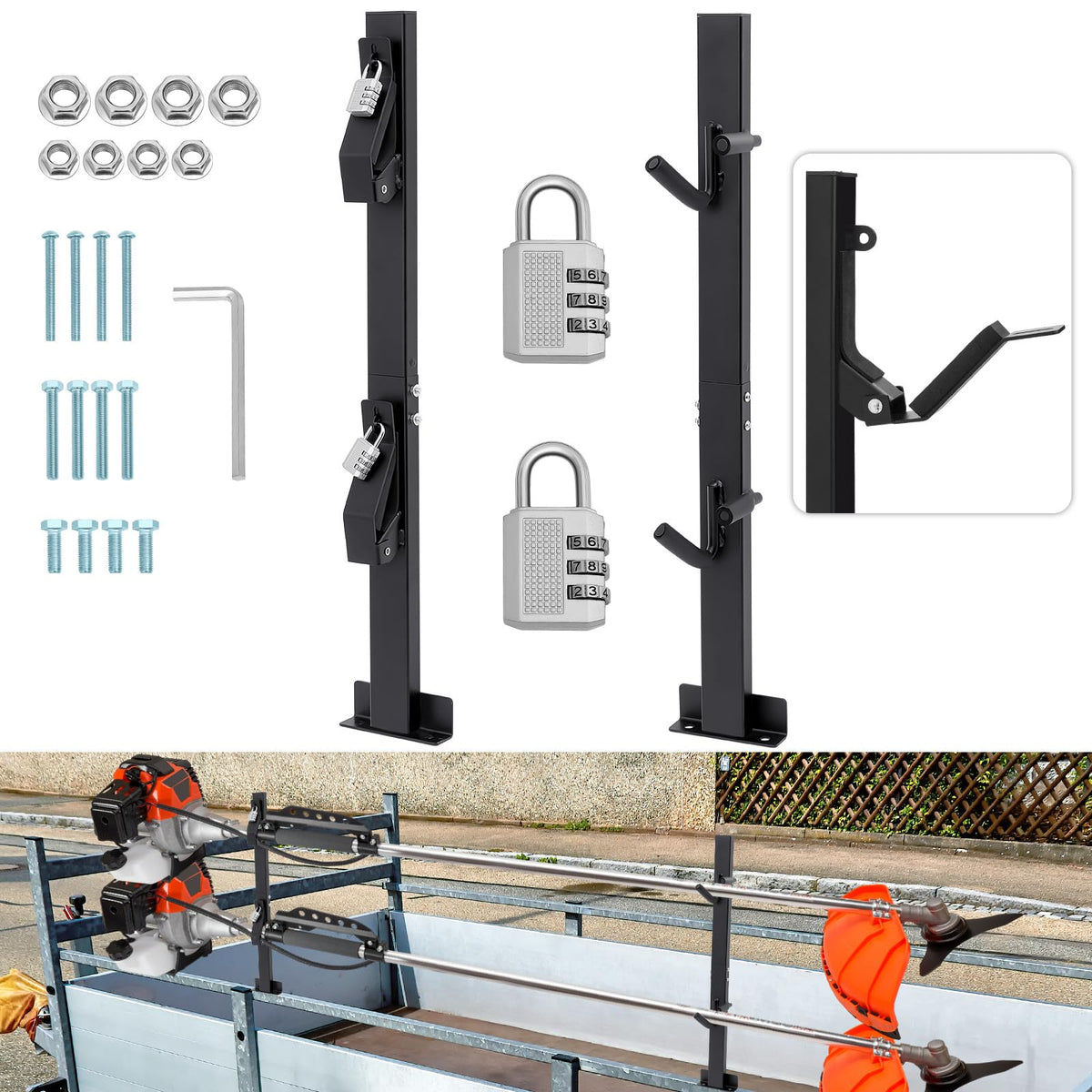 Zonon locking trimmer rack mounted on landscape trailer holding two straight-shaft trimmers