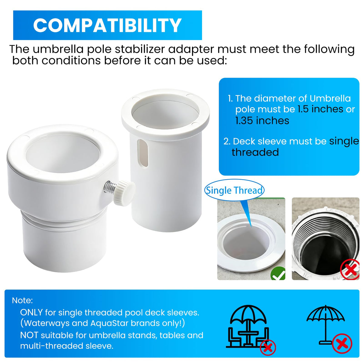 AquaStar single-thread sleeve compatibility for a steady pool umbrella