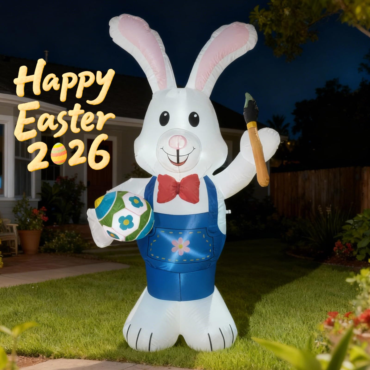 Zoomatooe blue-overalls bunny poses playfully for garden decor.
