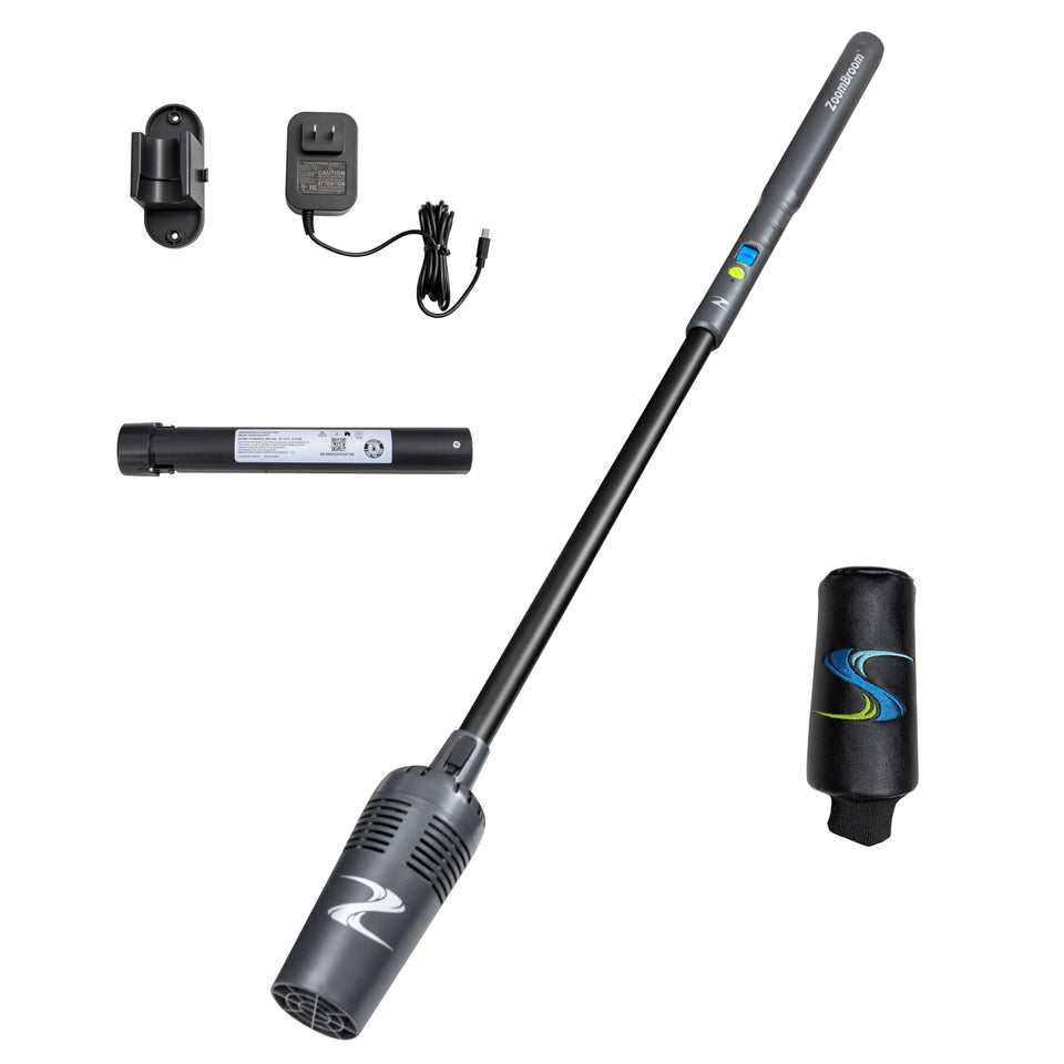 ZoomBroom Breeze air stick blower overview; portable and precise for indoor and outdoor cleanup.