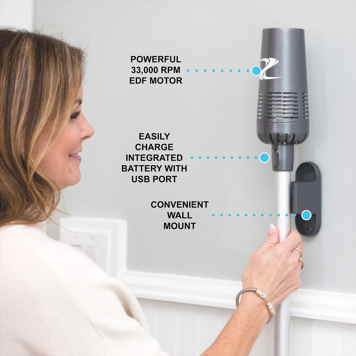 ZoomBroom Breeze cordless rechargeable power; cleaning anywhere without cords.