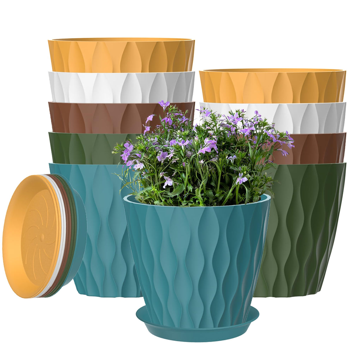 Zople 10-pack 5-inch multicolour plant pots with drainage holes for healthy root growth.