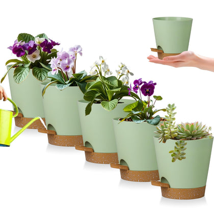 Zople 5-pack 5-inch self-watering pots, front view, versatile indoor plant use