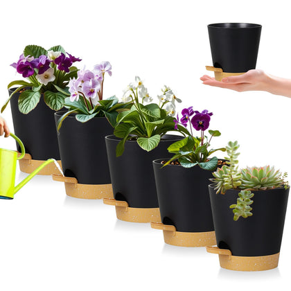 zople 5-pack 5-inch self-watering pots with reservoir tray for easy plant care