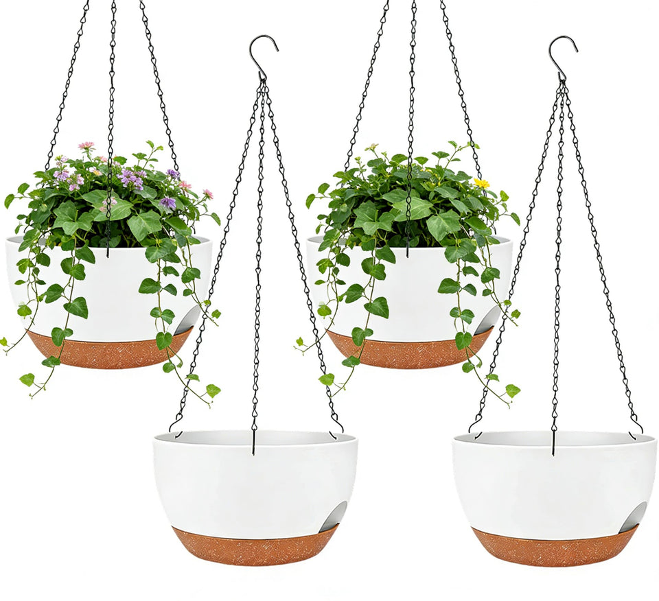 Zople four-pack 8-inch self-watering hanging planters in white and brown for versatile indoor/outdoor use