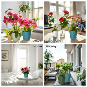 Vibrant multicolour Zople pots brightening a balcony or desk setup.