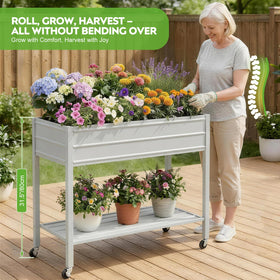 ZORMY elevated planter box with detachable shelf keeps tools within reach outdoors.