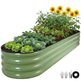 ZORMY oval galvanized raised bed, front view, showing organized space for vegetables and flowers
