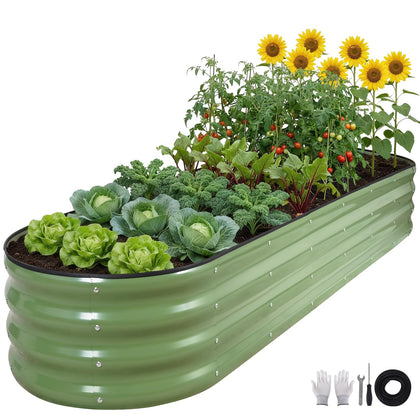ZORMY oval galvanized raised bed, front view, showing organized space for vegetables and flowers