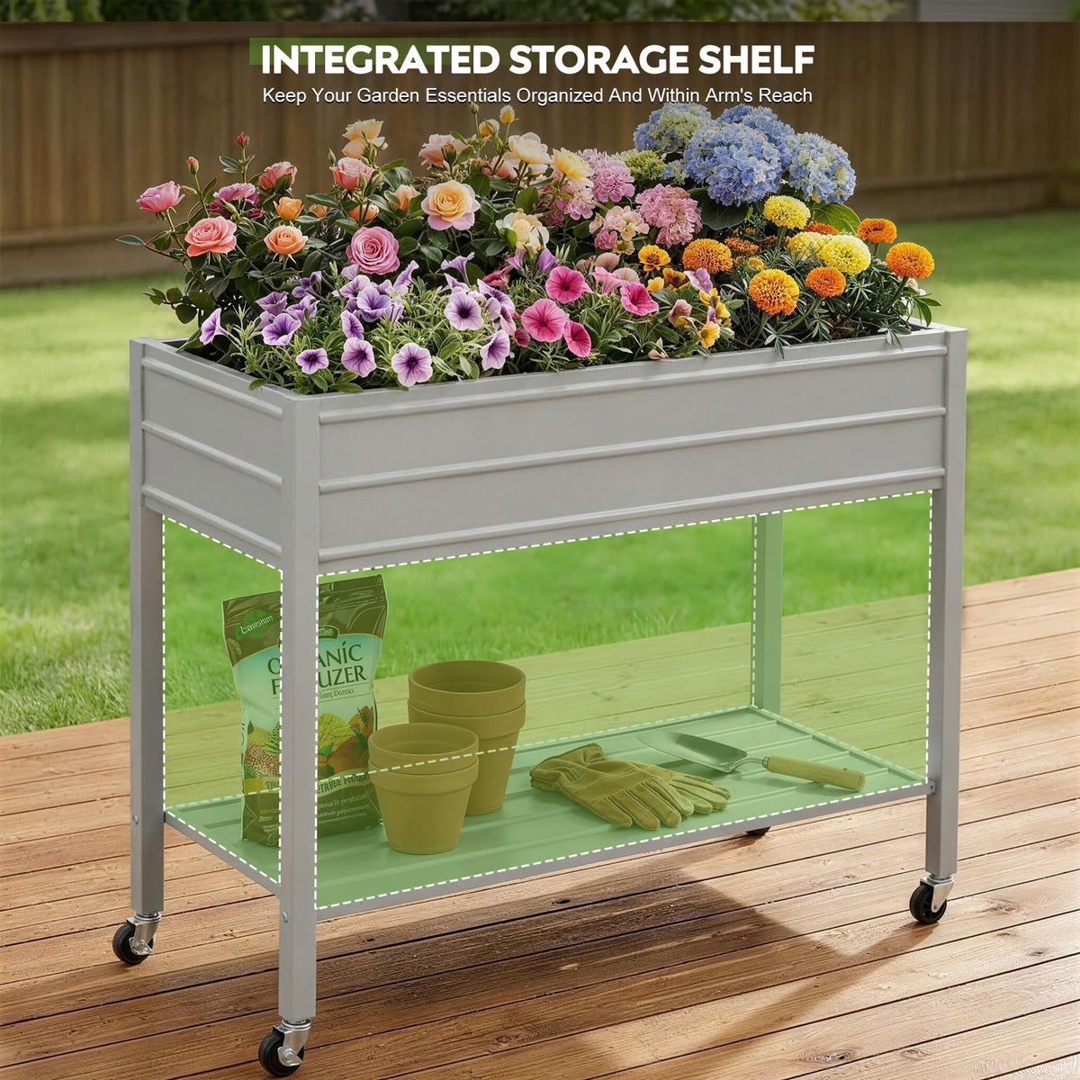 ZORMY garden bed with lockable wheels enables easy repositioning on patios.