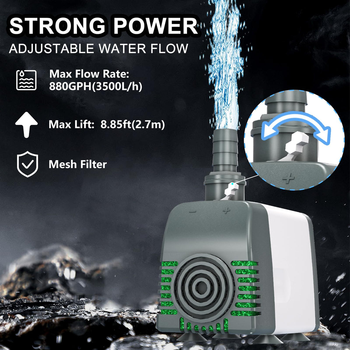 Zoronk 880GPH pump installed in a pond showing steady water flow