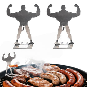 Zorythm muscle-man hotdog holder front view showing sturdy grill support and design.