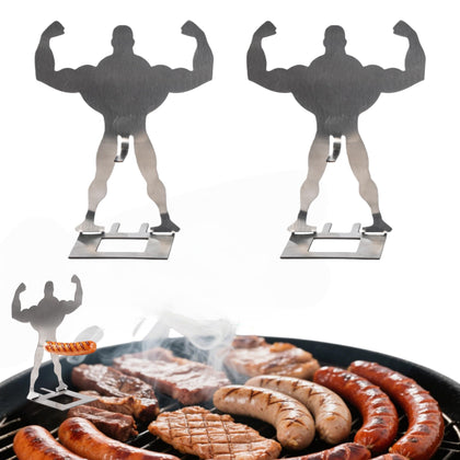 Zorythm muscle-man hotdog holder front view showing sturdy grill support and design.