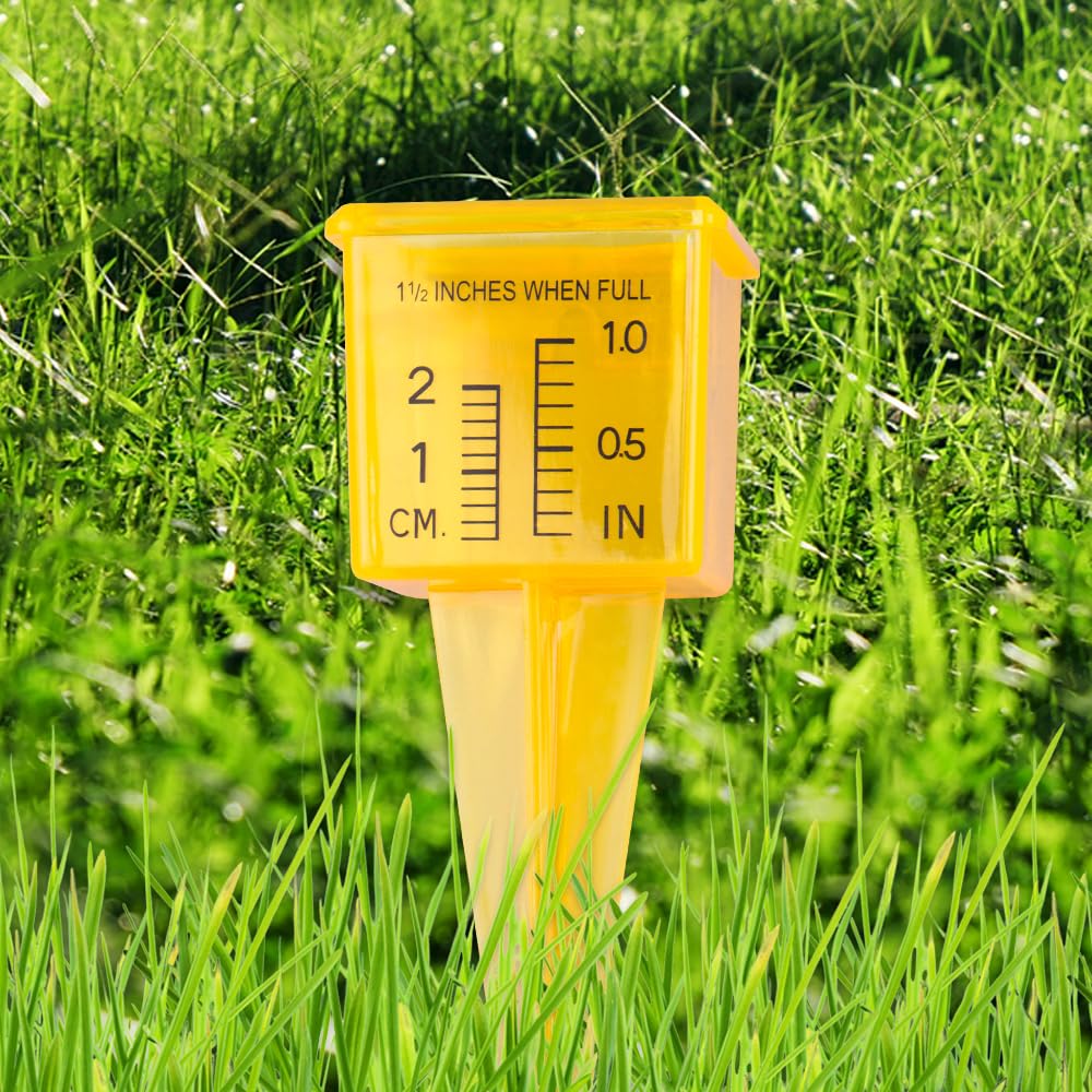 Bright yellow ZORZA gauge in a garden close-up.
