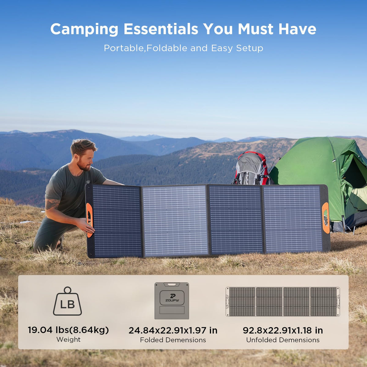 ZOUPW 220W panel tilted at 45 degrees for better sun exposure.