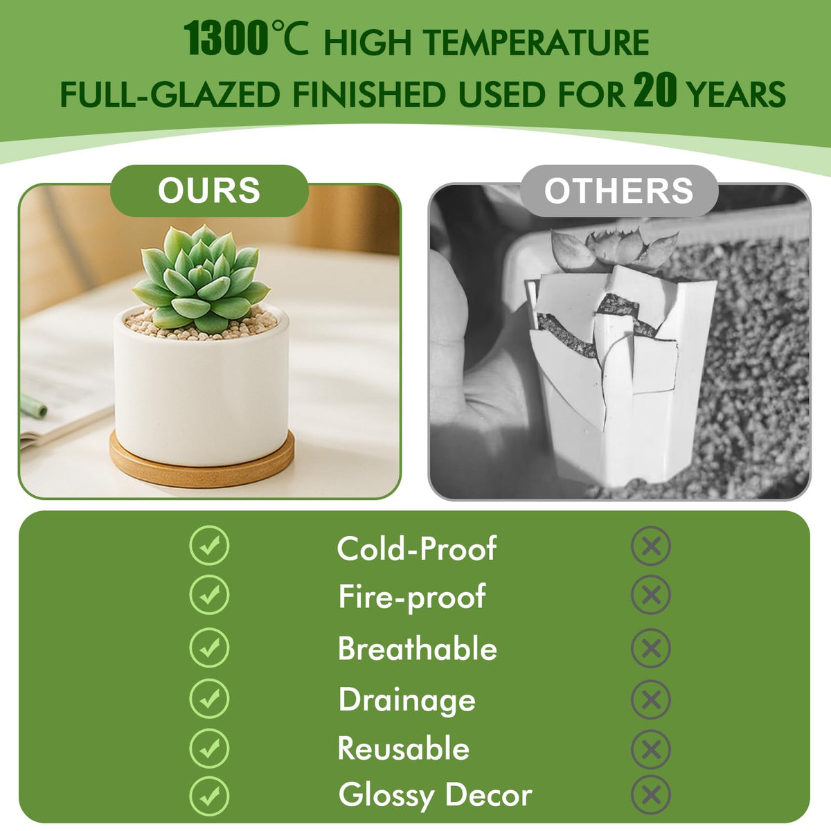 ZOUTOG ceramic pot fired at high temperature for durability and a clean look