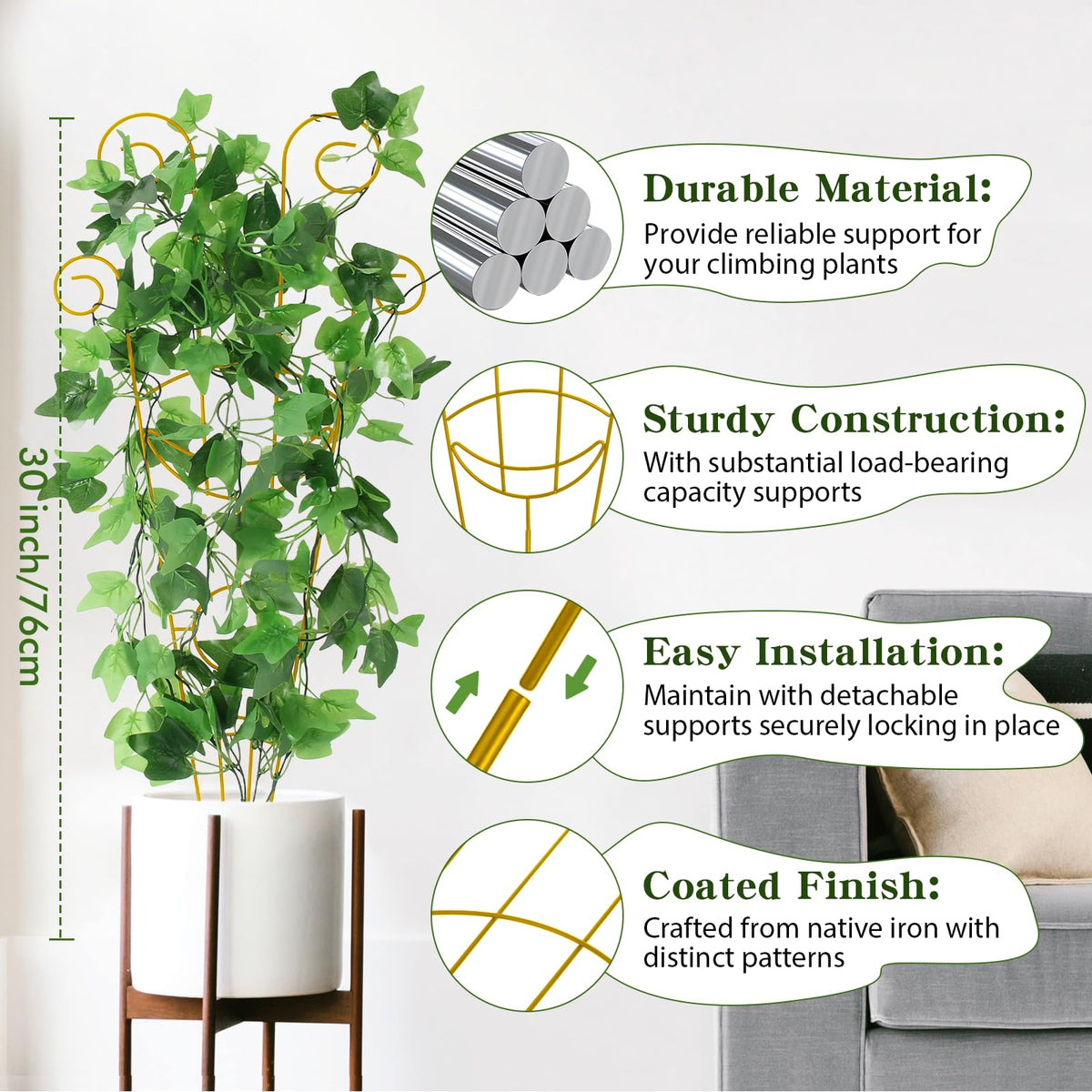 ZOUTOG rustproof metal trellis detail highlighting durable support for indoor climbers.