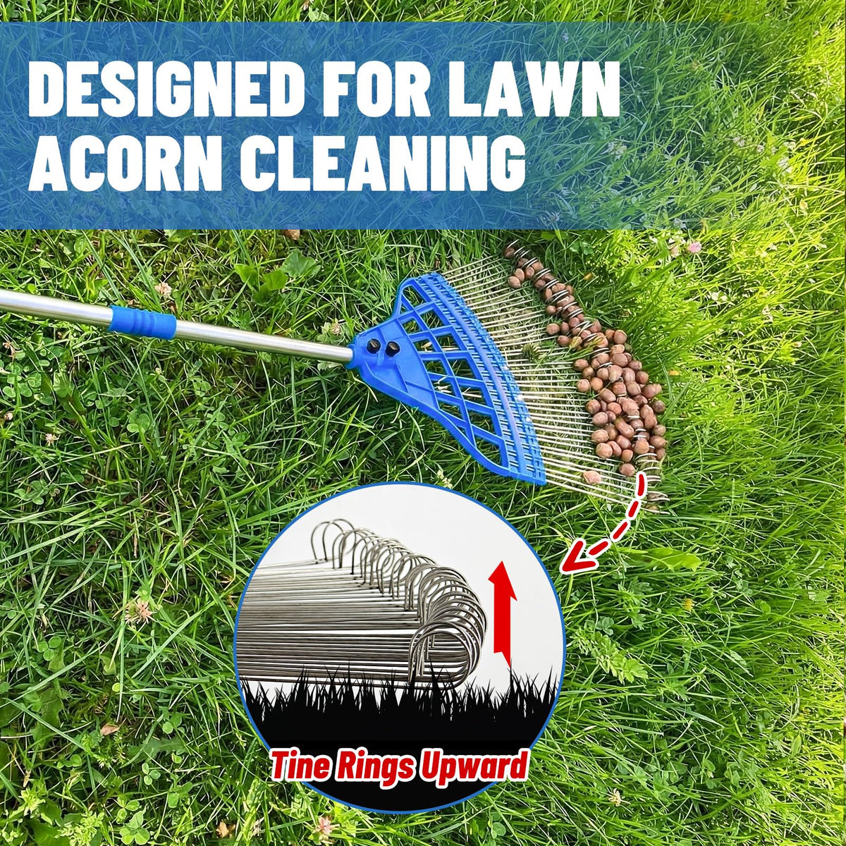 Zozen Acorn Gatherer features a wide curved rake head for fast yard cleanup.