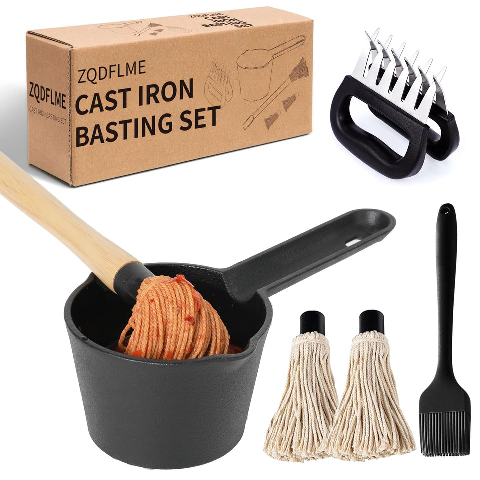 ZQDFLME cast-iron basting pot highlighting heat retention for even sauces.