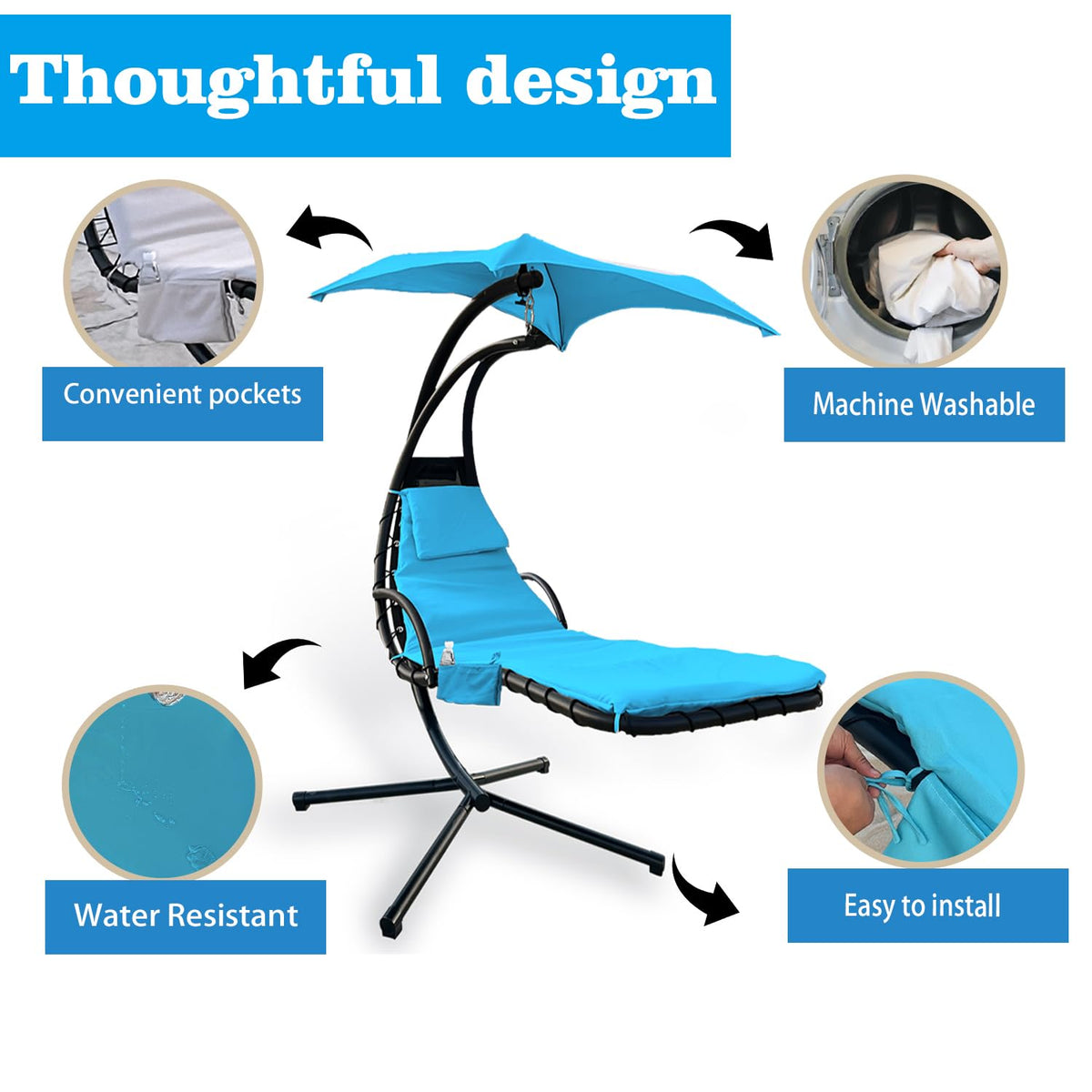 ZQDQIUQIU lounge chair cushion cover shows built-in pocket for essentials on blue fabric.