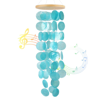 ZQDQIUQIU Capiz Shell Wind Chimes top view shows handcrafted shells and wooden top for outdoor decor appeal.
