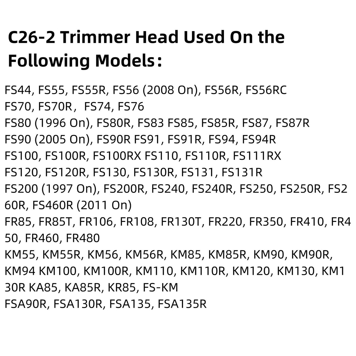 Zqqalitize C26-2 fit chart confirms wide compatibility with Stihl trimmers