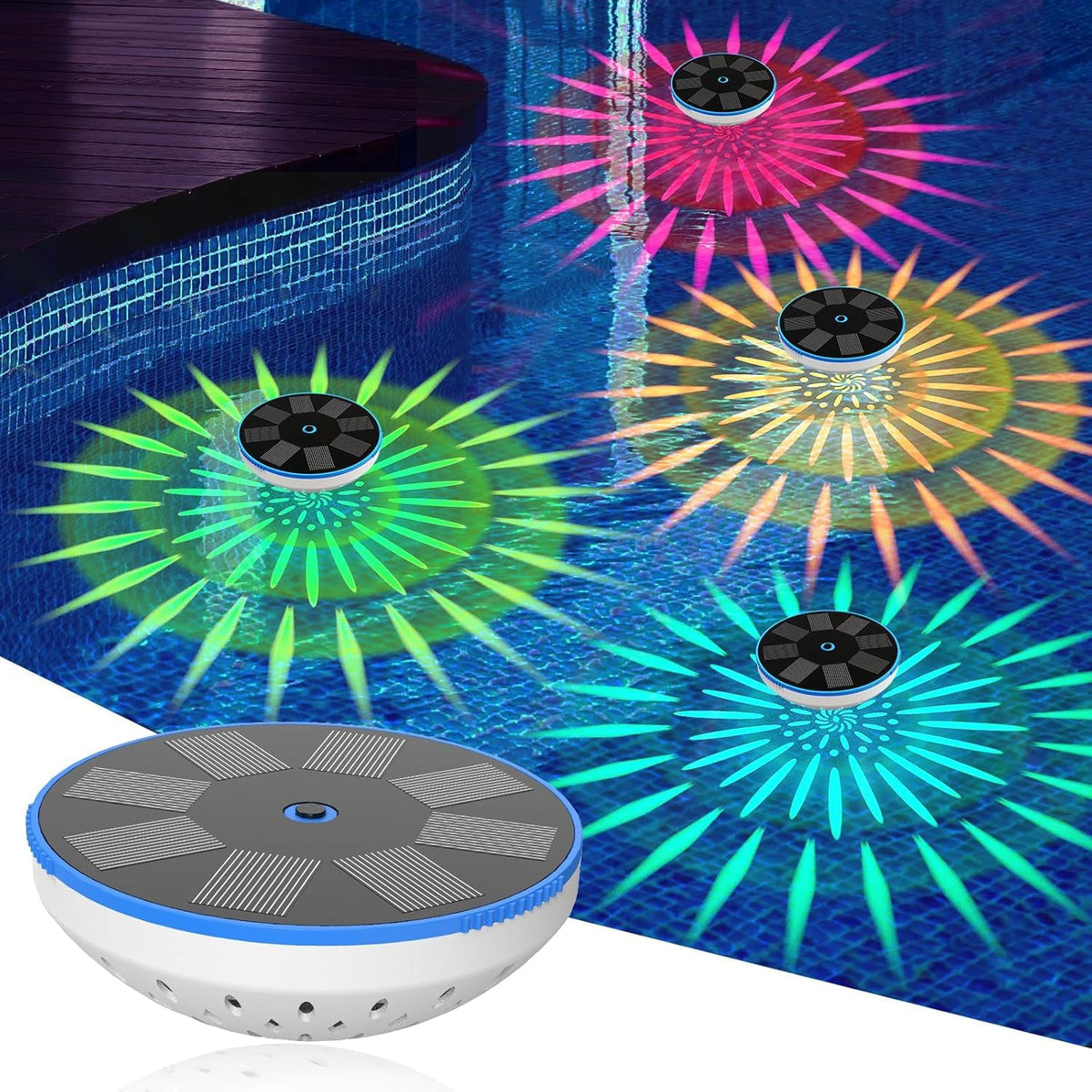 ZRYBOMY RGB floating pool light charging in sunlight for all-night ambience.