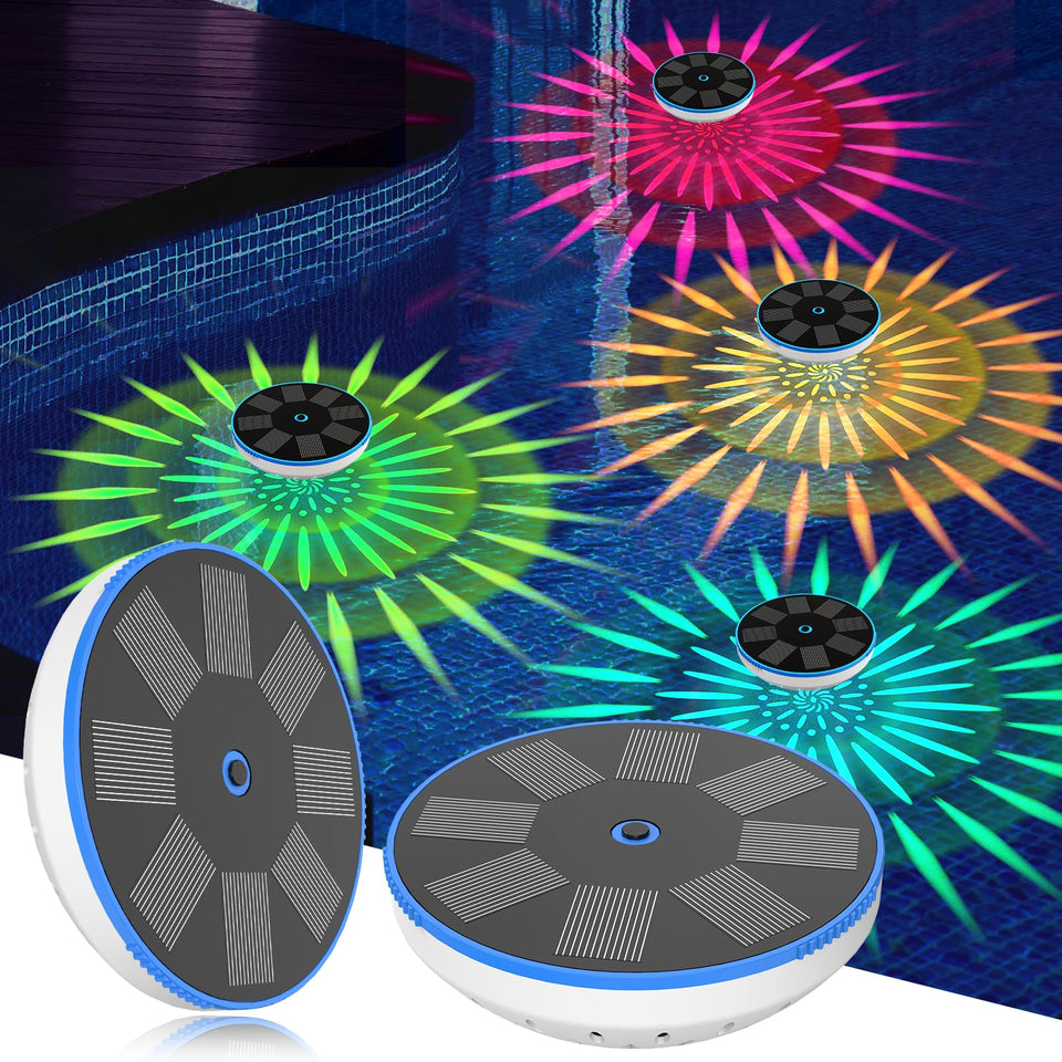 ZRYBOMY RGB floating pool light two-pack illuminating water at dusk