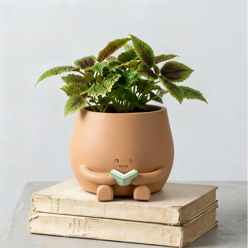ZSHAWN Smiley Face Planter with open book, ideal for desks and small plants.