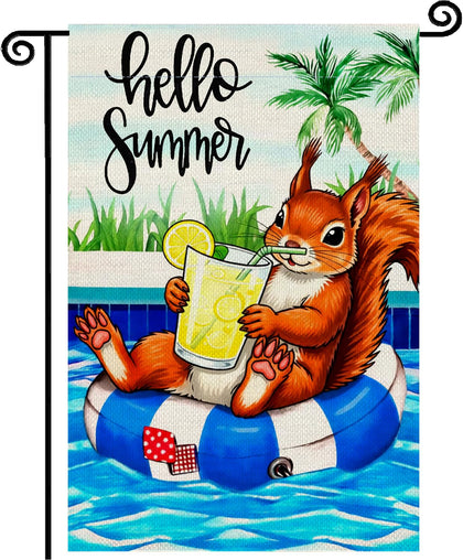 ZSYOUIDEAS Hello Summer flag shows a squirrel on a pool float with lemonade, ideal for porch decor.