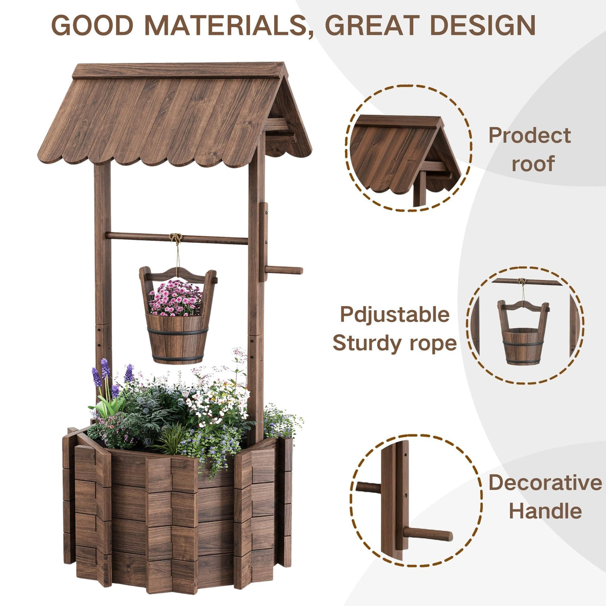 ZSYWODFO wooden wishing well planter with hanging bucket detail for layered outdoor display.