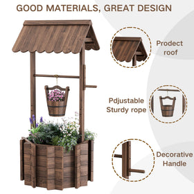 ZSYWODFO wooden wishing well planter with hanging bucket detail for layered outdoor display.