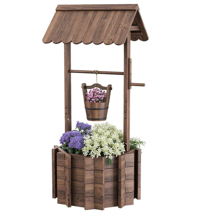 ZSYWODFO wooden wishing well planter outdoors, front view; ideal focal point for seasonal blooms.
