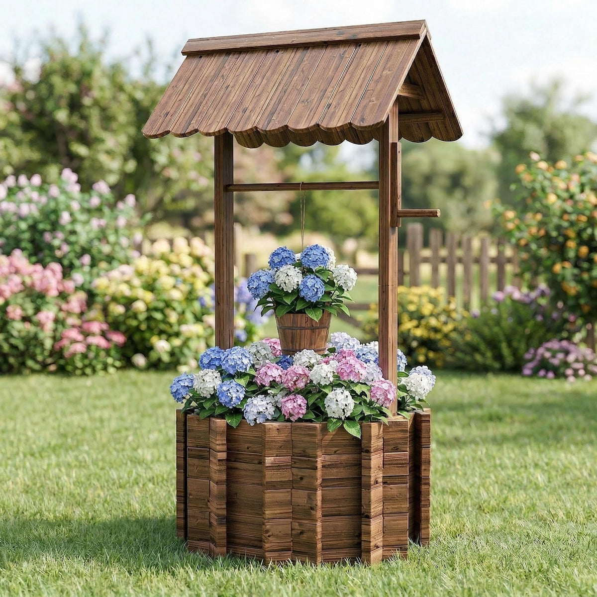 ZSYWODFO wishing well planter backyard side view shows durable wood and rustic charm.