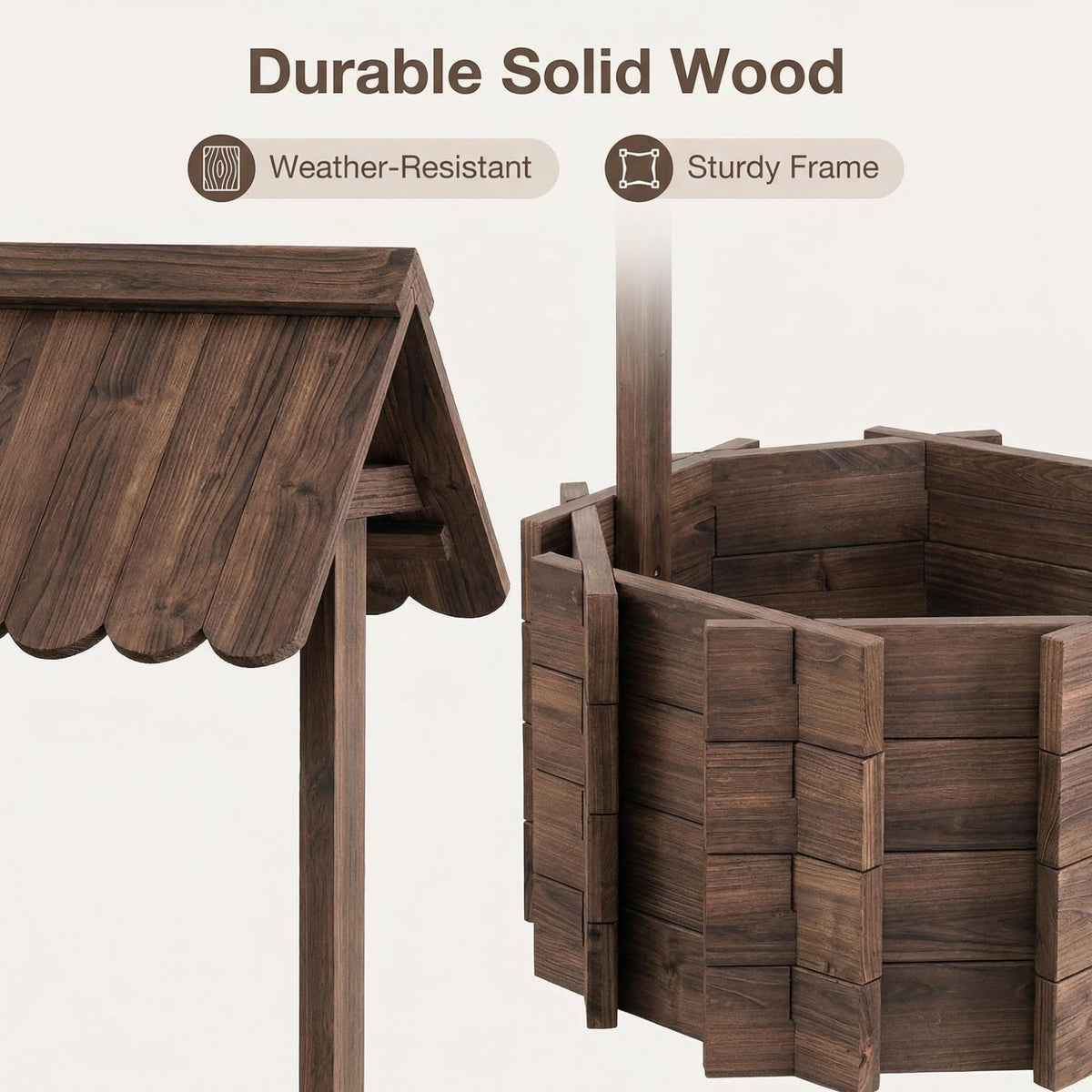ZSYWODFO weather-durable wood used in wishing well planter for year-round outdoor use.