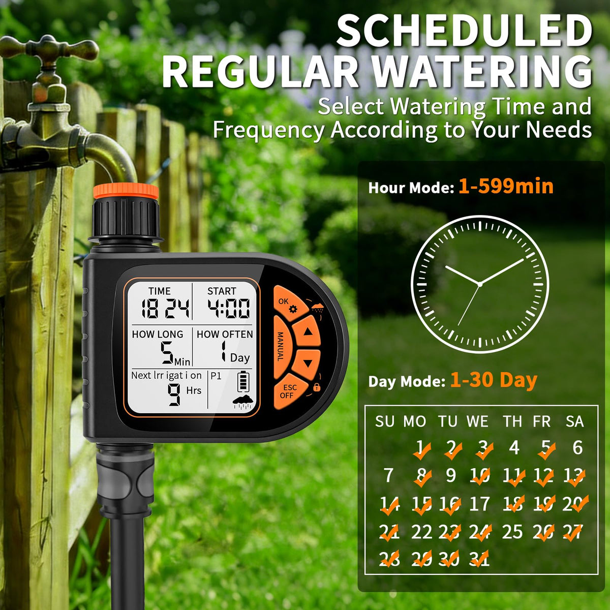 ZTGHFMY sprinkler timer rain delay prevents wasteful watering during rain.