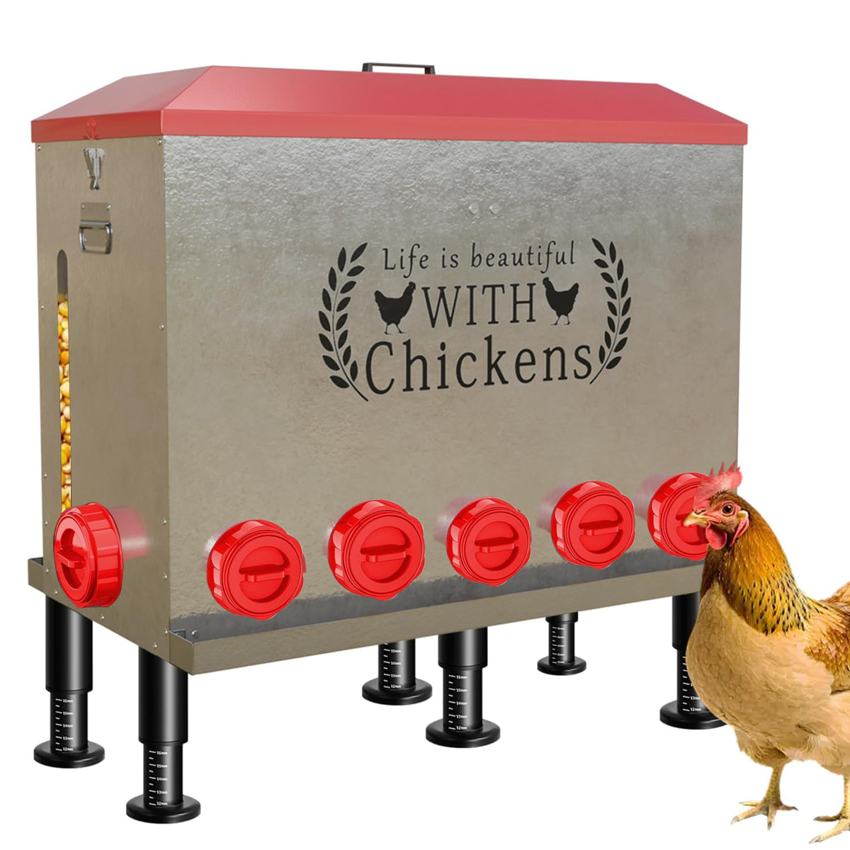 ZTMUFDR 170 lb visual window chicken feeder shows remaining feed at a glance.