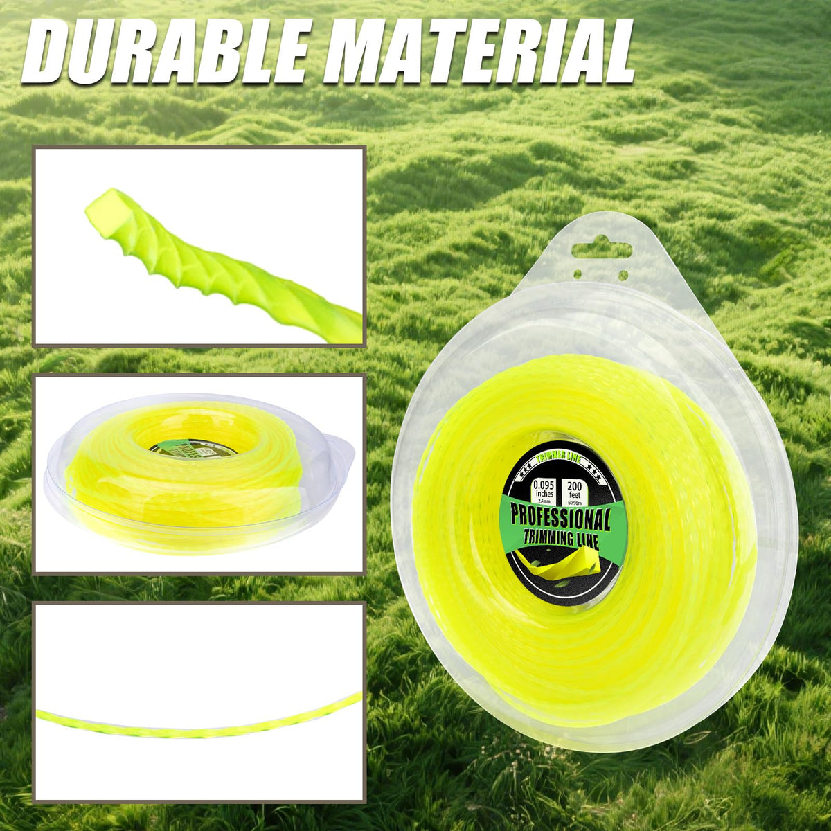 Bright yellow trimmer line enhances visibility during yard work.