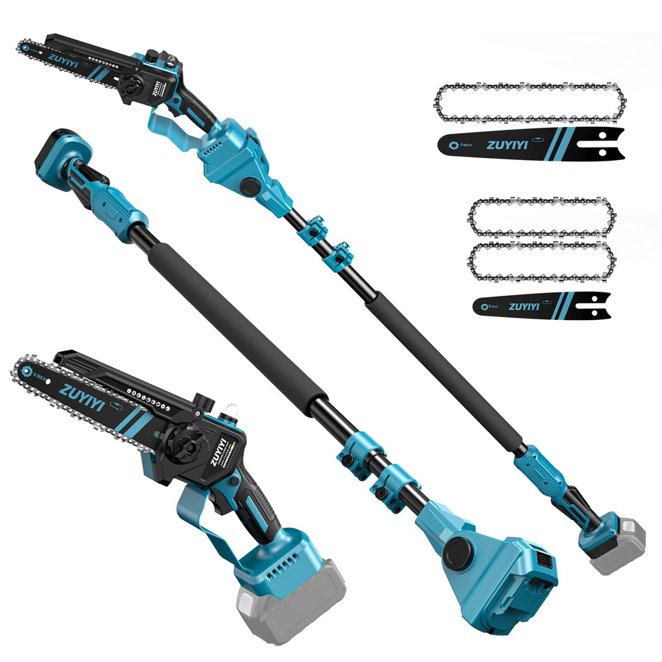 ZUYIYI 3-in-1 cordless pole saw with extension pole for hard-to-reach trimming.