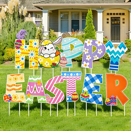 ZUDKSUY Easter yard sign with bunny and eggs enhances outdoor egg hunts