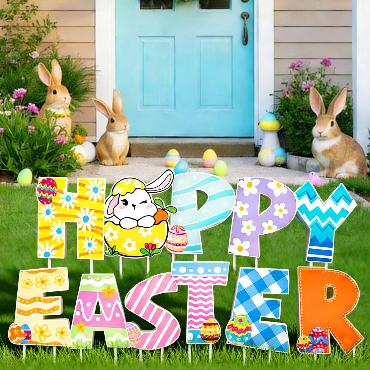 ZUDKSUY Easter yard sign with colorful eggs adds vibrant garden decor