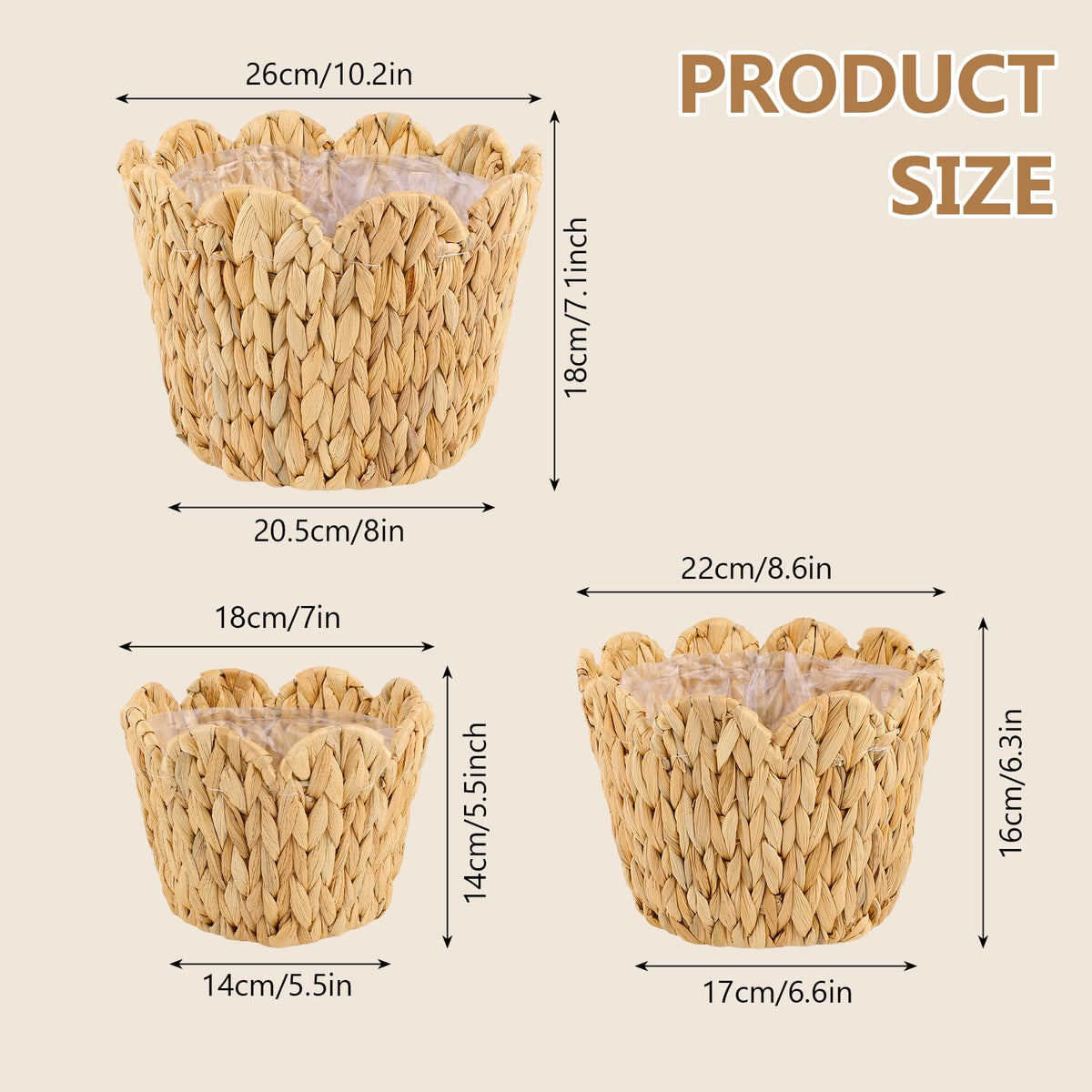 ZUNKNOD 8.7 inch wicker scalloped basket, decorative liner-equipped planter option
