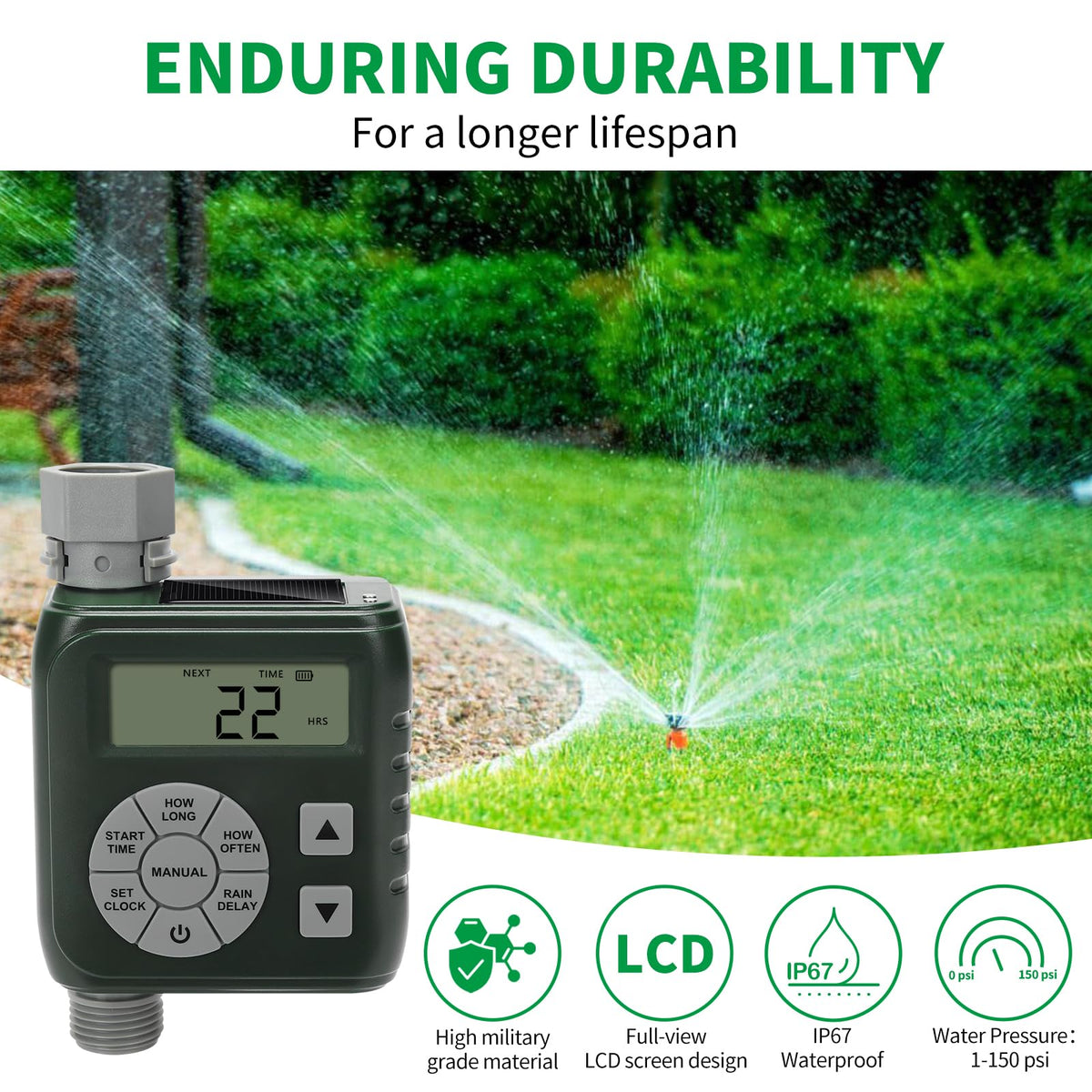 Zuomeng Sprinkler Timer IP67 weatherproof design for harsh conditions outdoors.