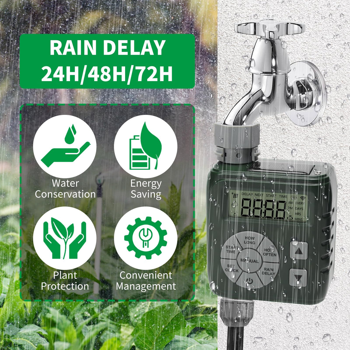Zuomeng Sprinkler Timer rain delay button to pause watering when needed.
