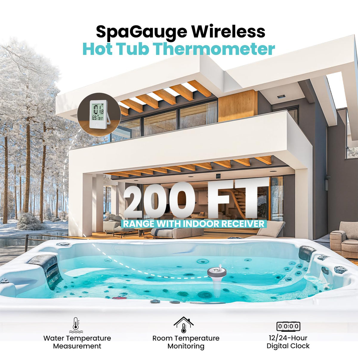 Zuprime Pure55 SpaGauge indoor receiver displaying water temperature readings.