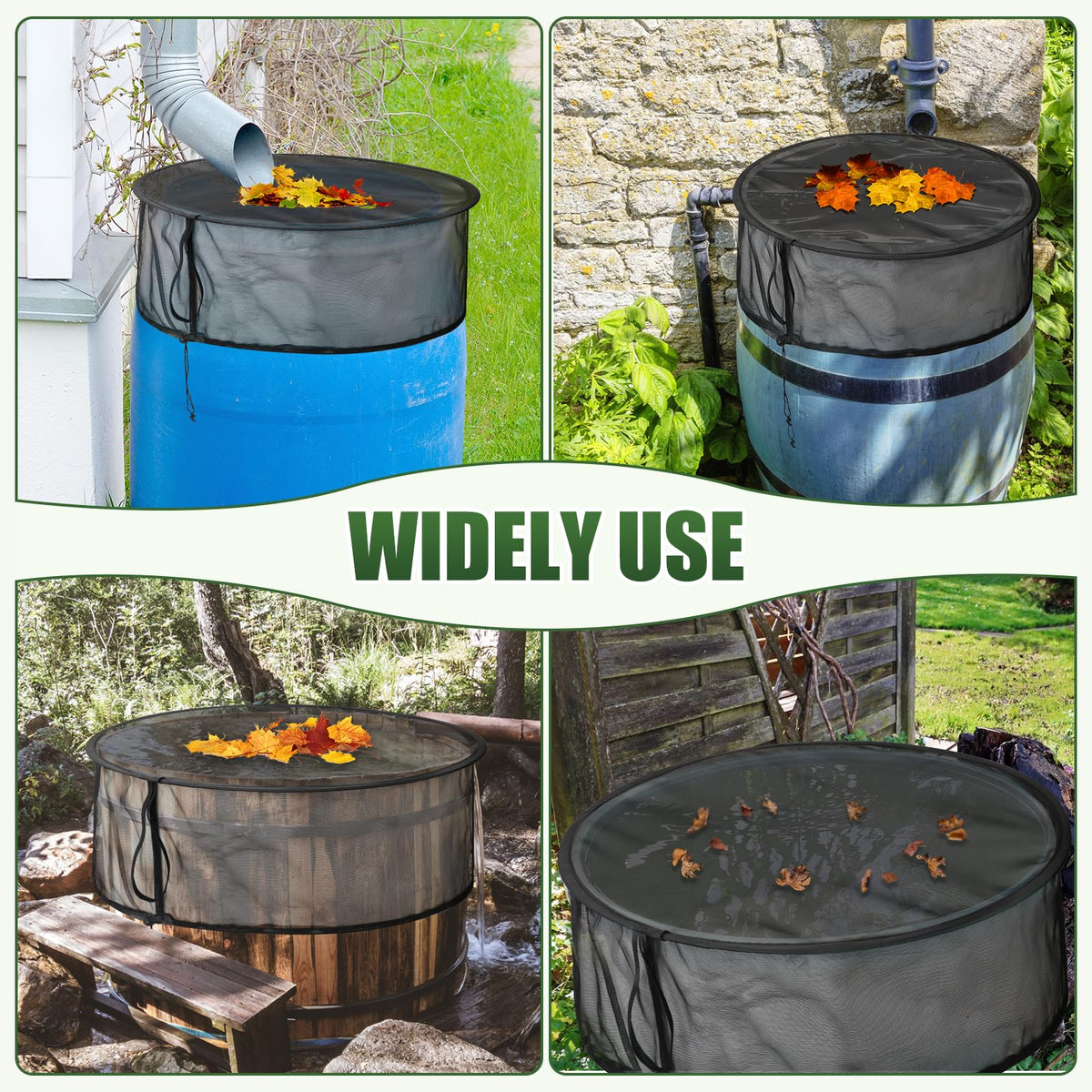 ZUUDYSEN outdoor garden setup with mesh covers on rain barrels.