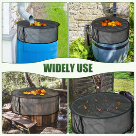 ZUUDYSEN outdoor garden setup with mesh covers on rain barrels.