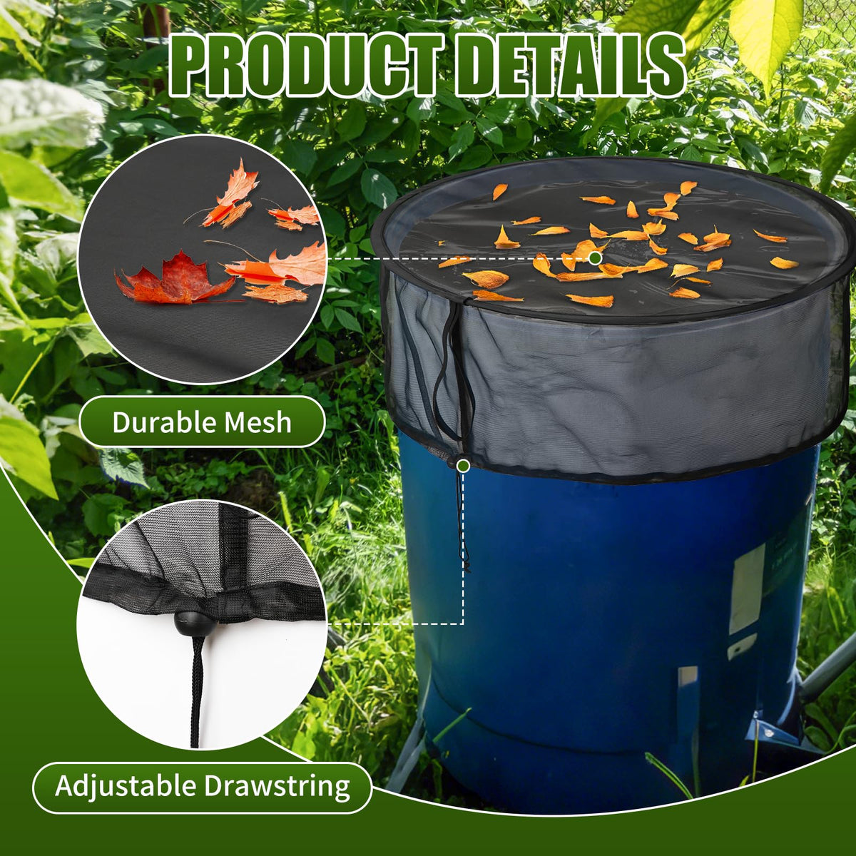 ZUUDYSEN rain barrel cover shows adjustable drawstring for secure fit.