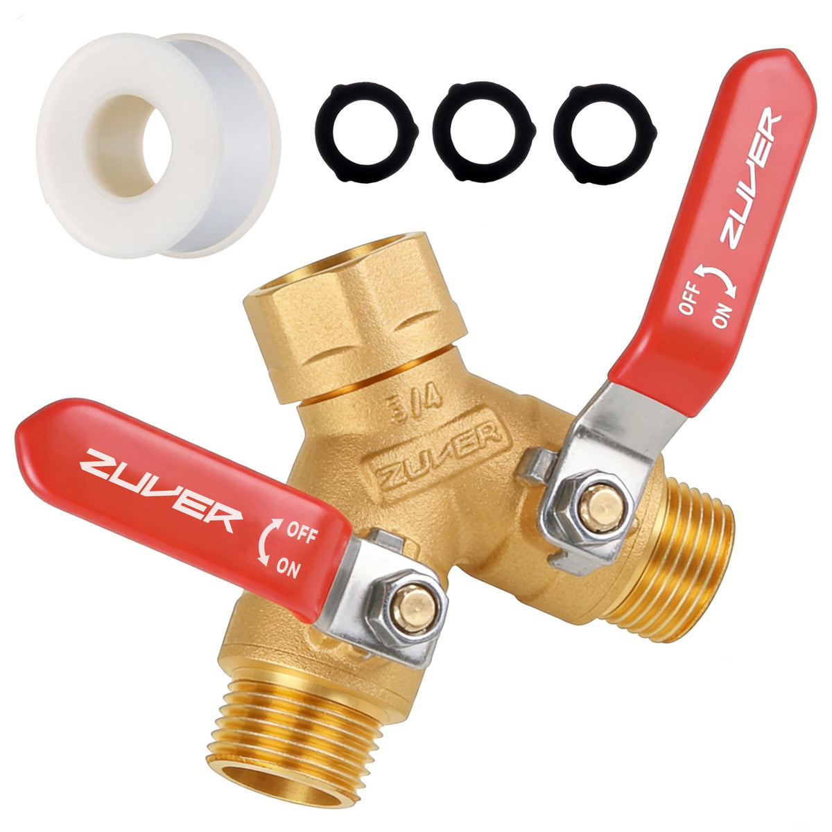ZUVER garden hose splitter shows heavy-duty brass body for durable watering