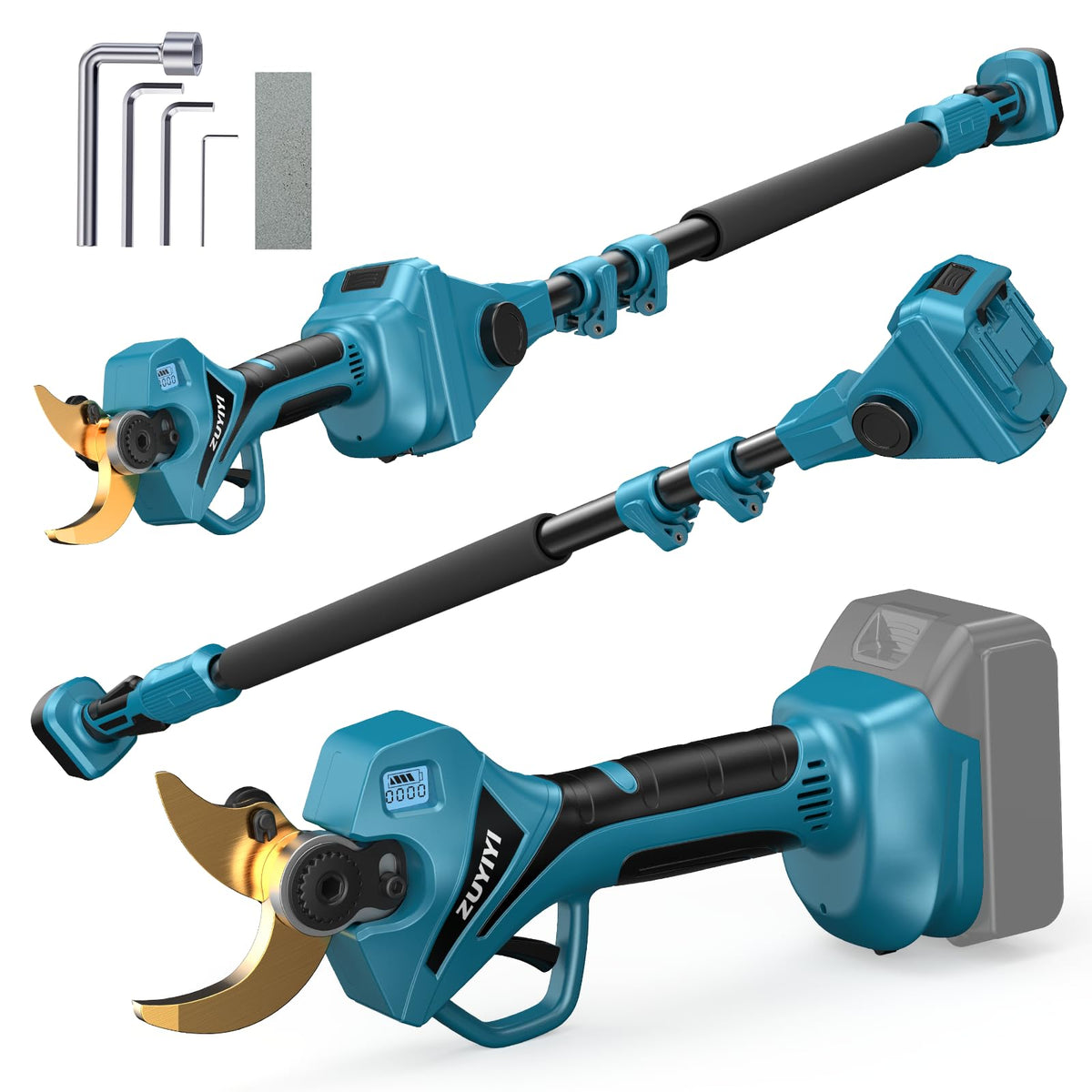 ZUYIYI extendable pole pruner extended reach helps trim tall branches from the ground.